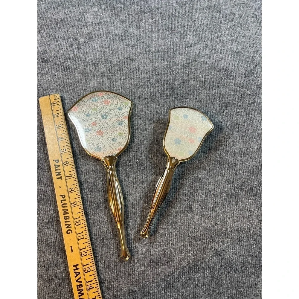 Vintage Gold Vanity Hand Mirror & Brush Set Floral Brocade Back Mid Century Boud